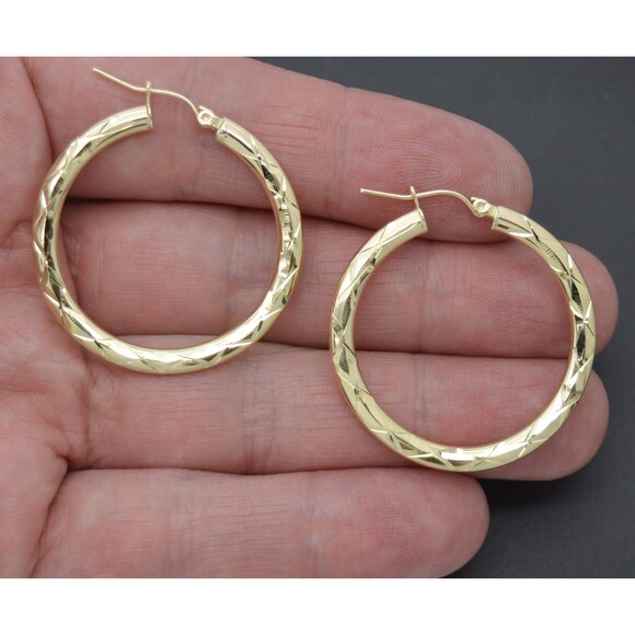 Real 10k Yellow Solid Gold Shiny Big Large Diamond Cut Hoop